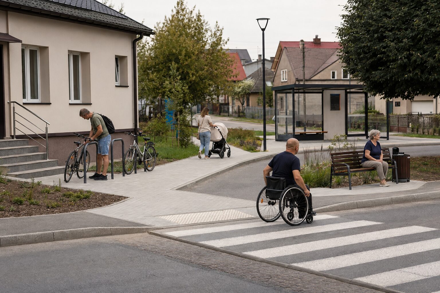 Na zwykłej ulicy małego miasta mieszkańcy korzystają z kilku ukończonych drobnych ulepszeń: równego dojścia, dostępnego przejścia, ławki, stojaków rowerowych i małego ogrodu deszczowego.