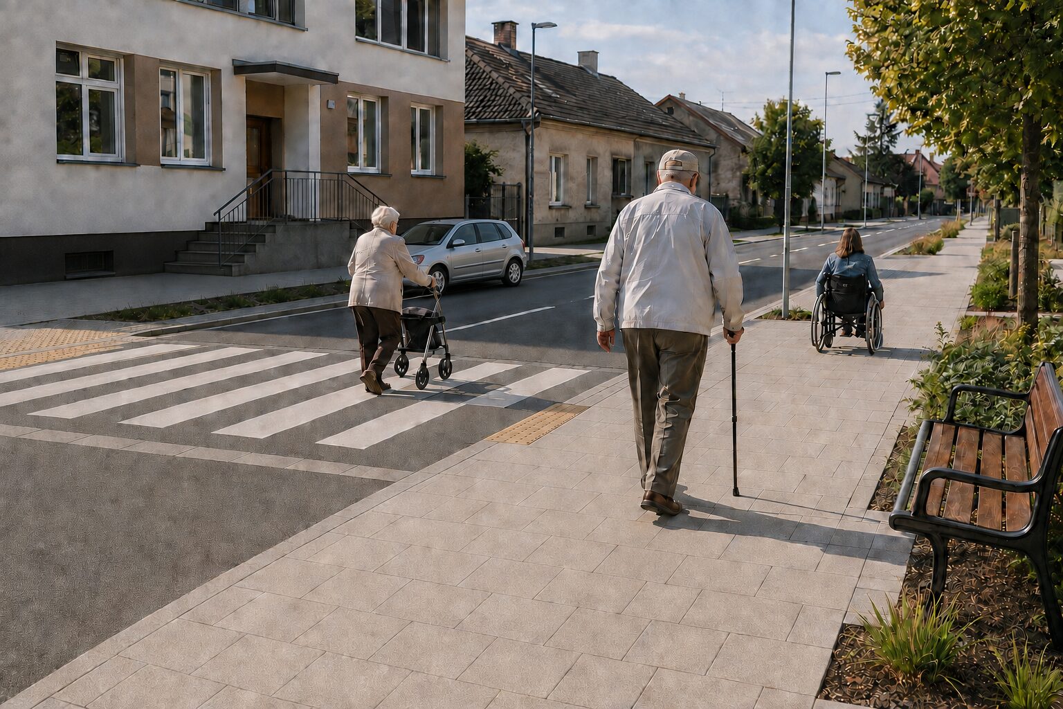 Starsza kobieta z balkonikiem przechodzi przez krótkie wyniesione przejście, a na szerokiej dostępnej trasie widać seniora z laską, osobę na wózku i ławkę z podłokietnikami.