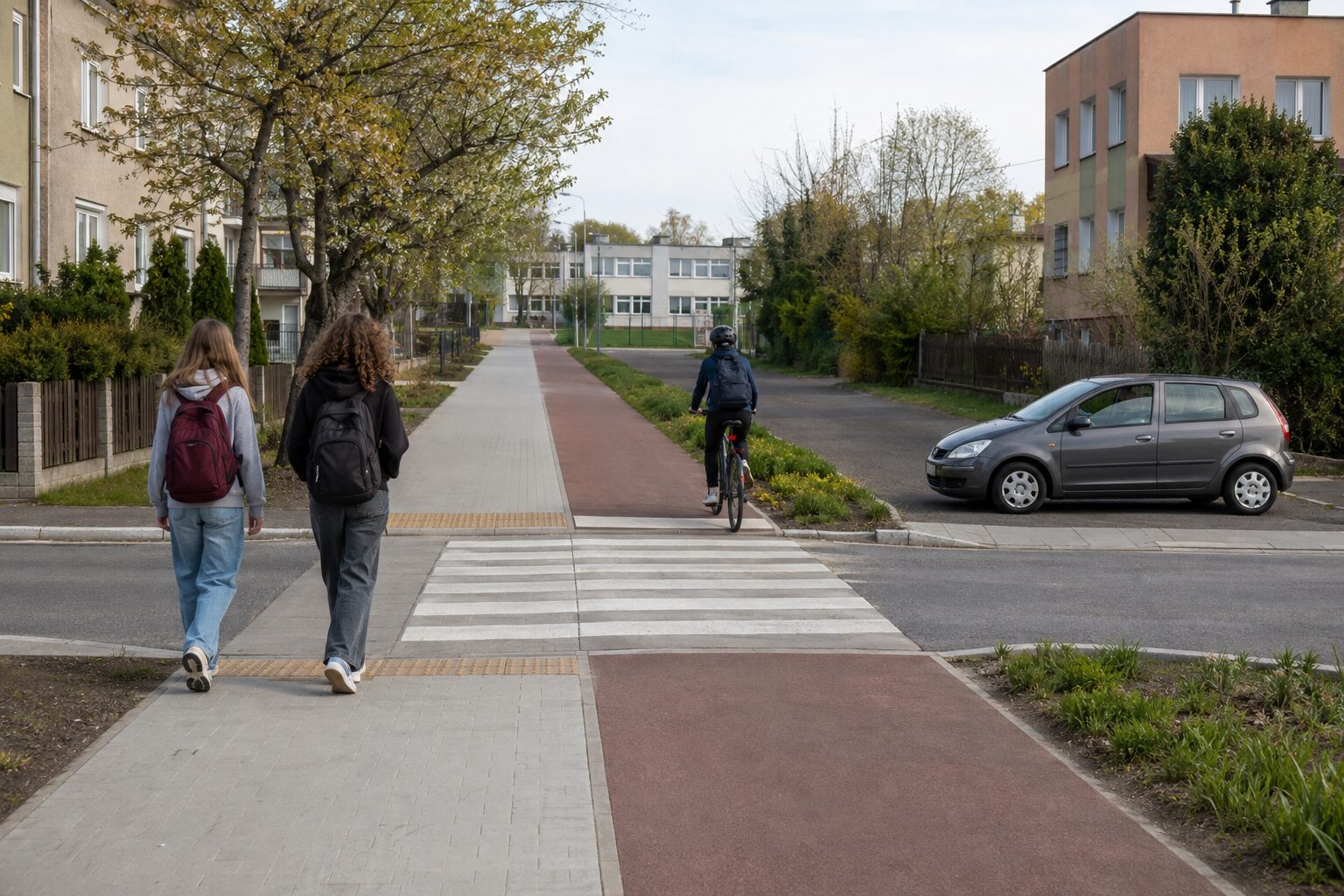 Troje uczniów idzie i jedzie rowerem ciągłą trasą do widocznej w oddali szkoły, przekraczając wyniesione przejście przez boczną ulicę.