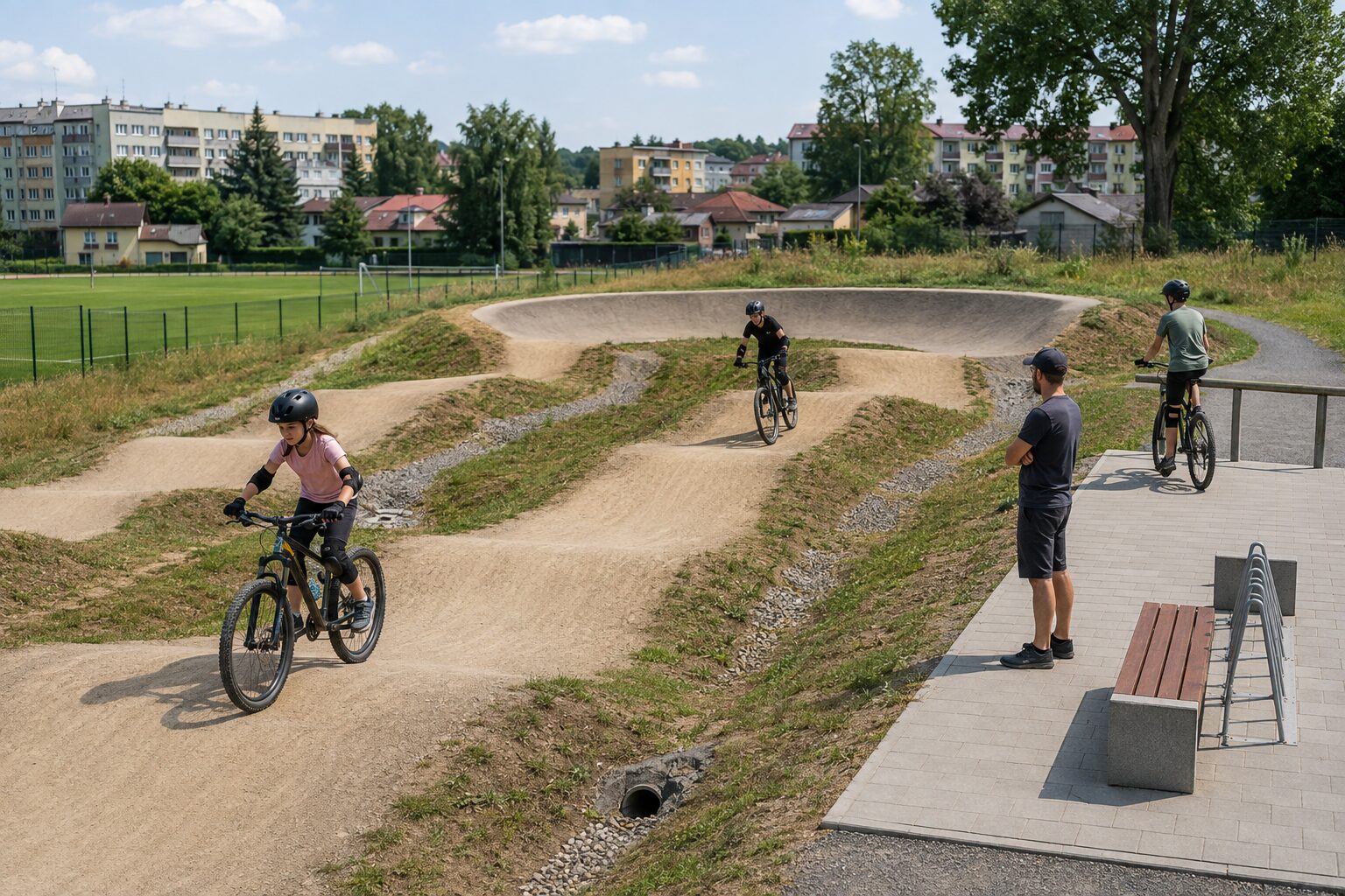 Dwoje młodych rowerzystów ćwiczy na oddzielnych łatwych liniach miejskiego bike parku, obok trener i dorosły rowerzysta stoją w bezpiecznej strefie.