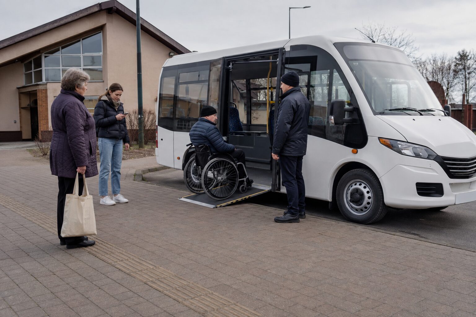 Dostępny mały autobus stoi w bezpiecznej zatoczce na obrzeżu polskiej miejscowości, gdzie kierowca nadzoruje wsiadanie użytkownika wózka, seniora i młodszej pasażerki.
