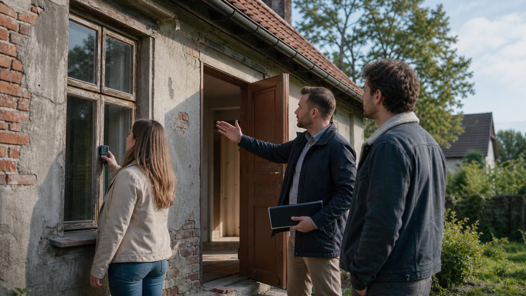 Koordynator i para zainteresowanych oglądają stan starszego pustego domu w polskiej wsi.