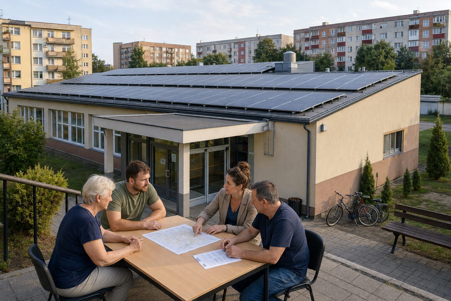 Mieszkańcy i koordynatorka rozmawiają przy domu kultury, którego dach pokrywa uporządkowana instalacja fotowoltaiczna służąca sąsiedztwu.
