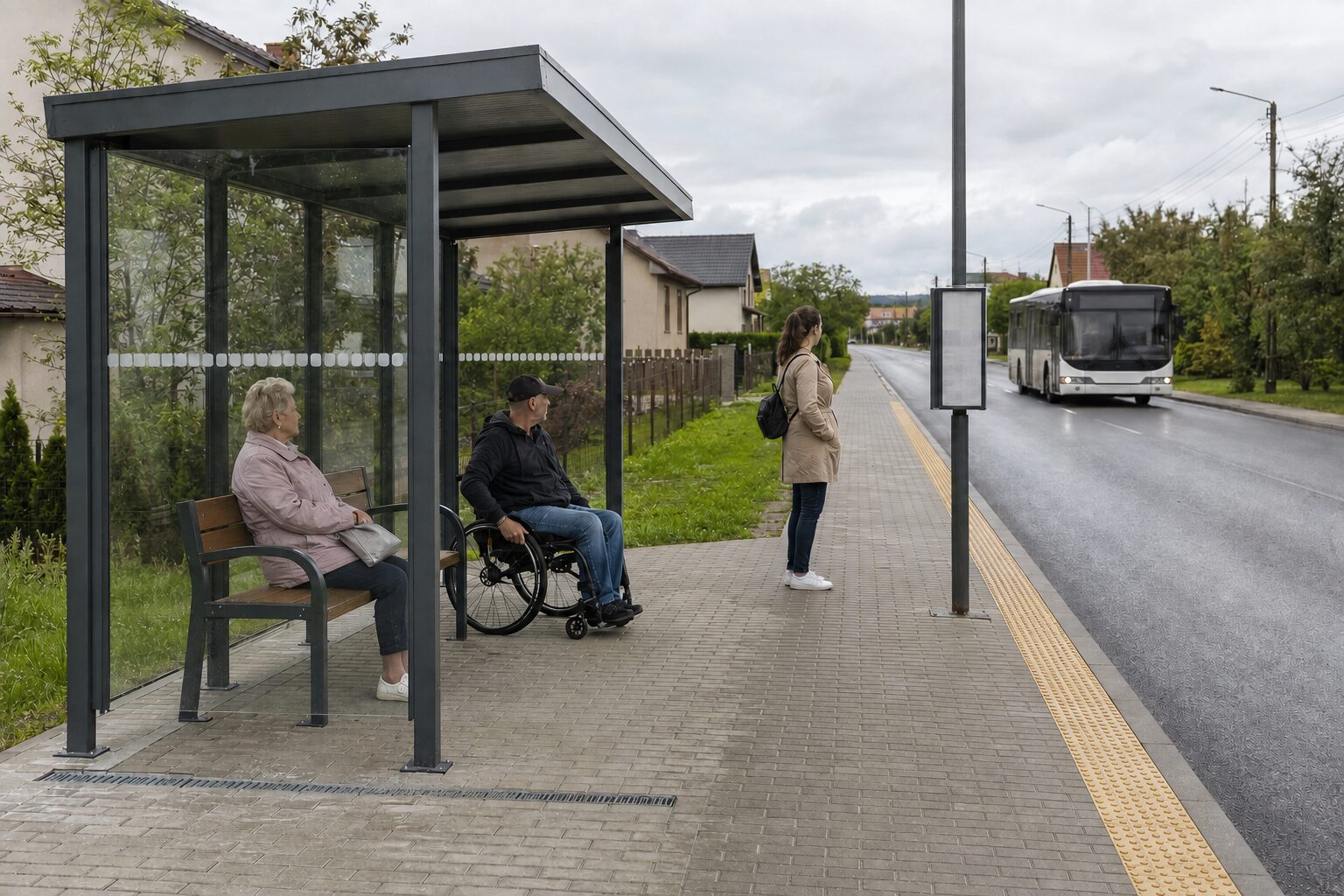 Dostępny przystanek po deszczu: seniorka siedzi pod wiatą, obok niezależnie czeka osoba na wózku, a trzeci pasażer wypatruje autobusu.