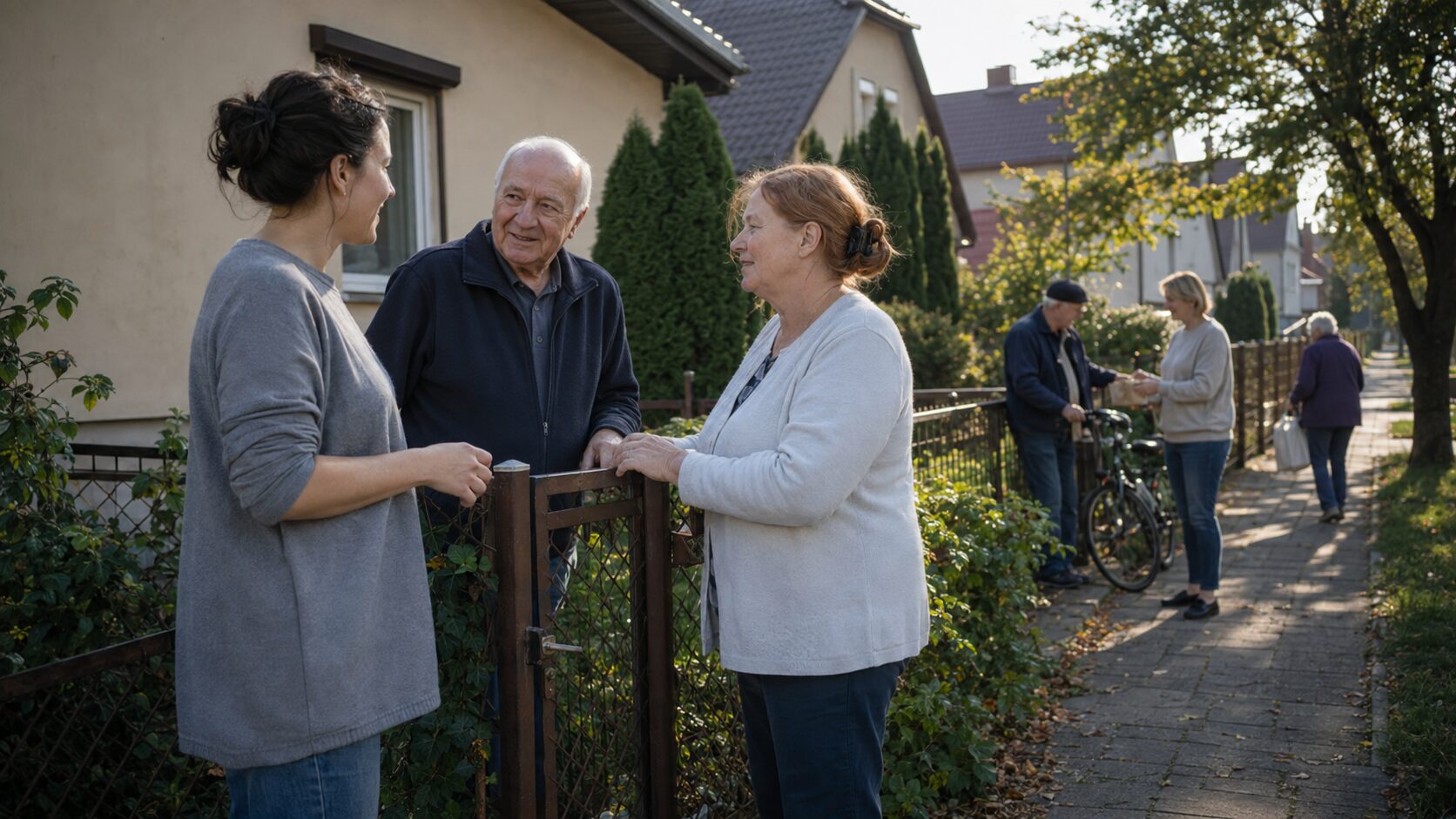 Wolontariuszka rozmawia przy furtce z sąsiadami na zwyczajnej ulicy małego polskiego miasta.