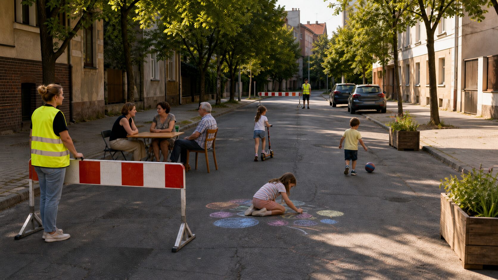 Sąsiedzi różnych pokoleń odpoczywają i bawią się na spokojnej polskiej ulicy czasowo zabezpieczonej przenośnymi barierami.