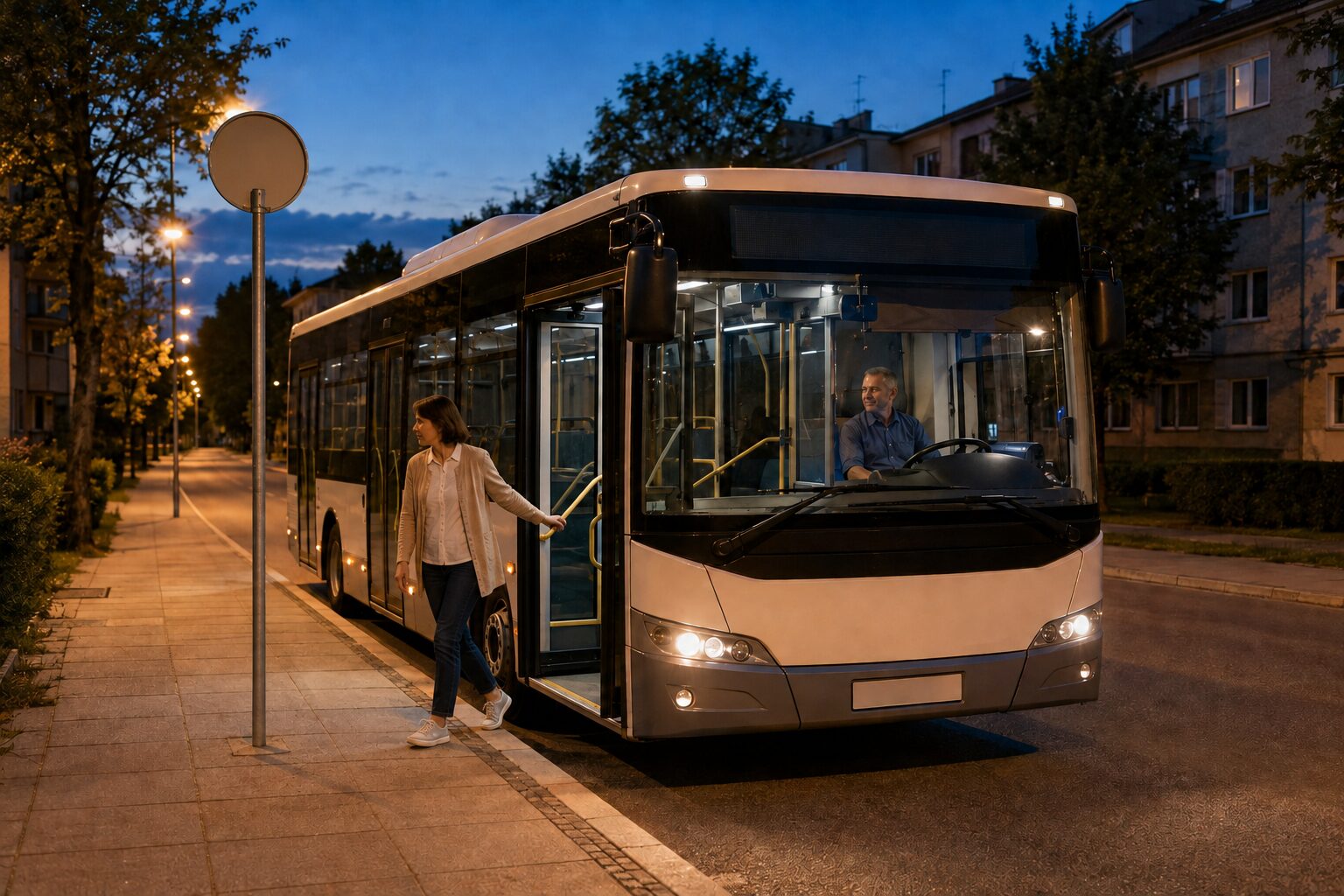Dorosły pasażer wysiada przednimi drzwiami autobusu przy małym, dobrze oświetlonym przystanku warunkowym na osiedlowej ulicy o zmierzchu.