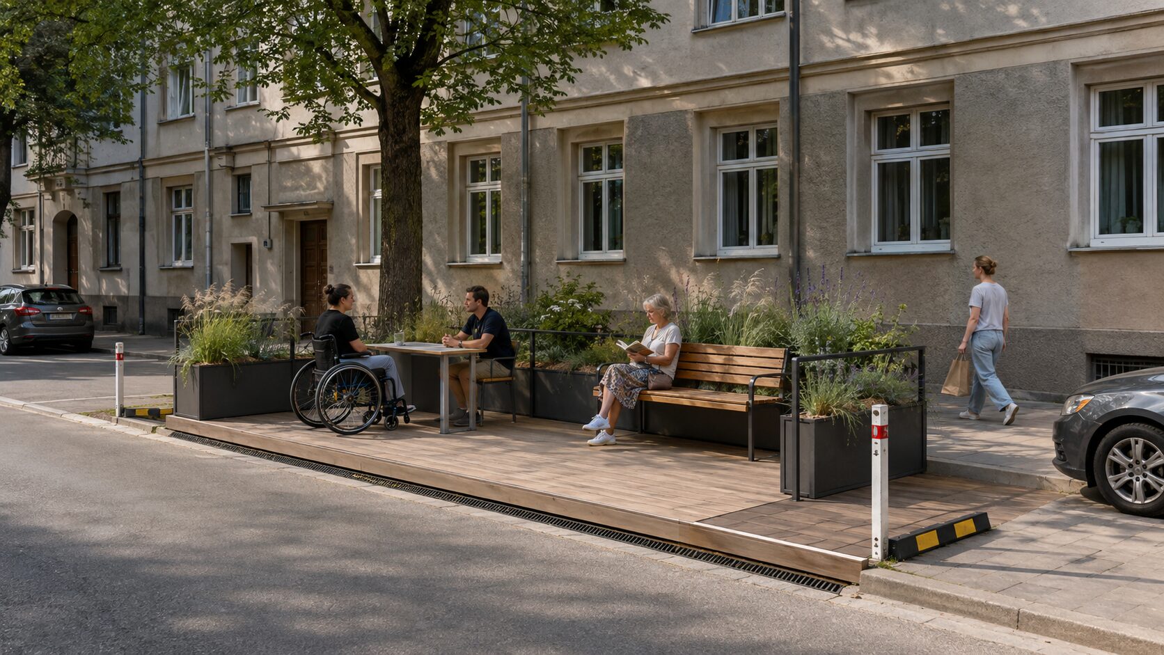 Cztery osoby korzystają z dostępnego drewnianego parkletu z ławką, stołem i roślinami przy spokojnej polskiej ulicy.