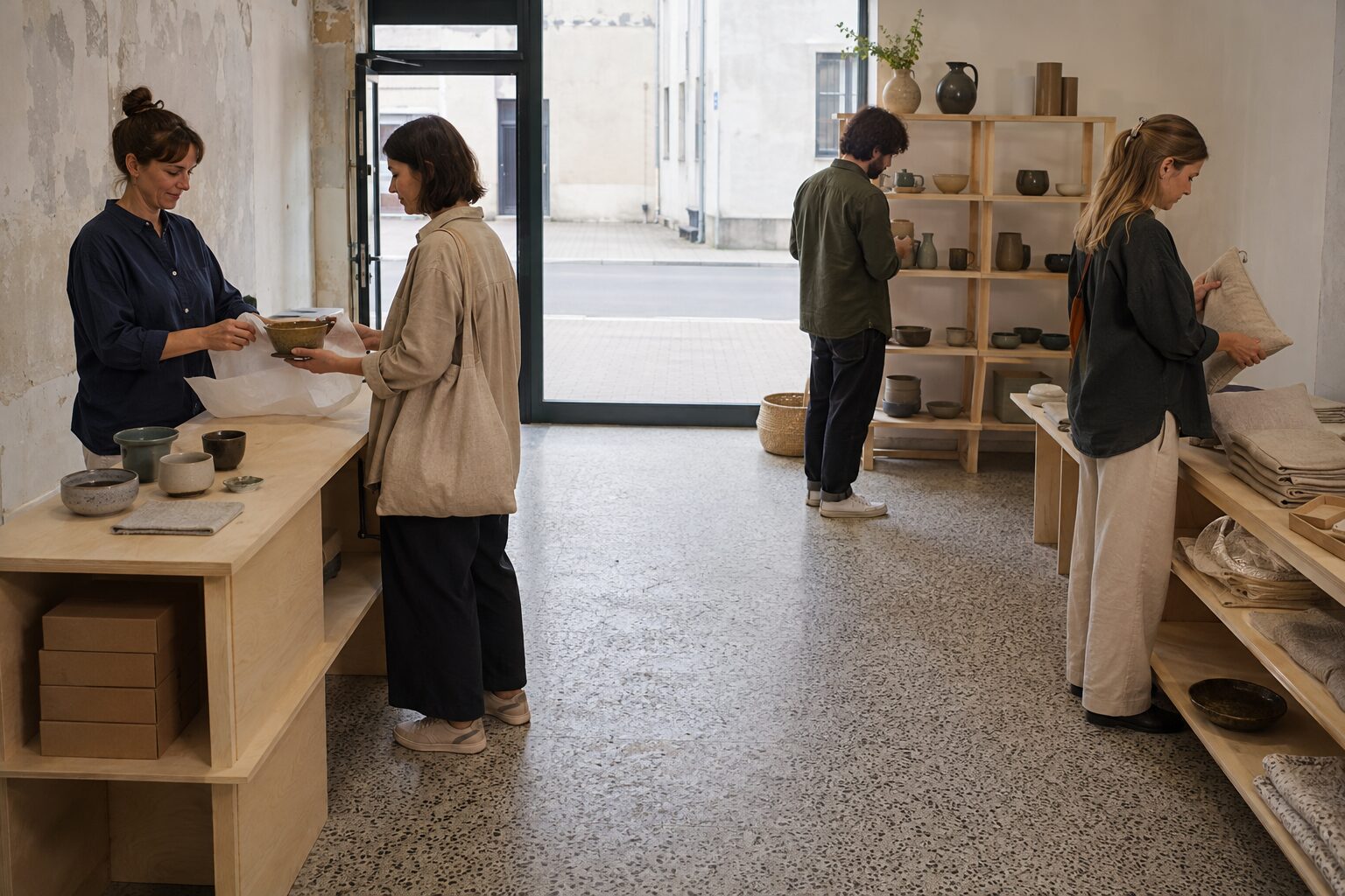 Właścicielka małego sklepu podaje klientce ceramiczną miskę, a dwoje innych klientów ogląda ceramikę i lniane wyroby na modułowych regałach.