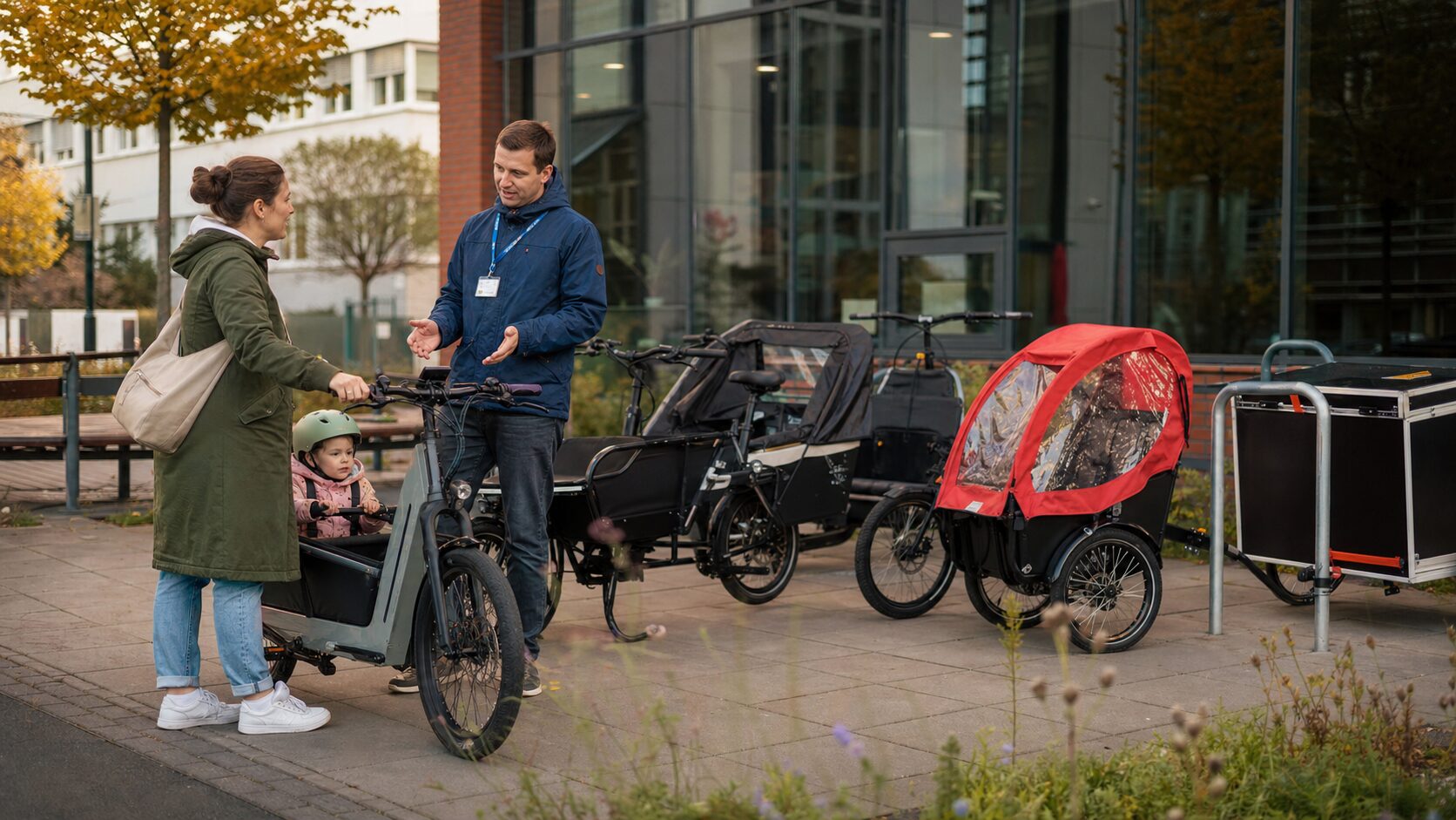 Rodzina odbiera elektryczny rower cargo przed biblioteką, obok stoi rząd gotowych do wypożyczenia rowerów.