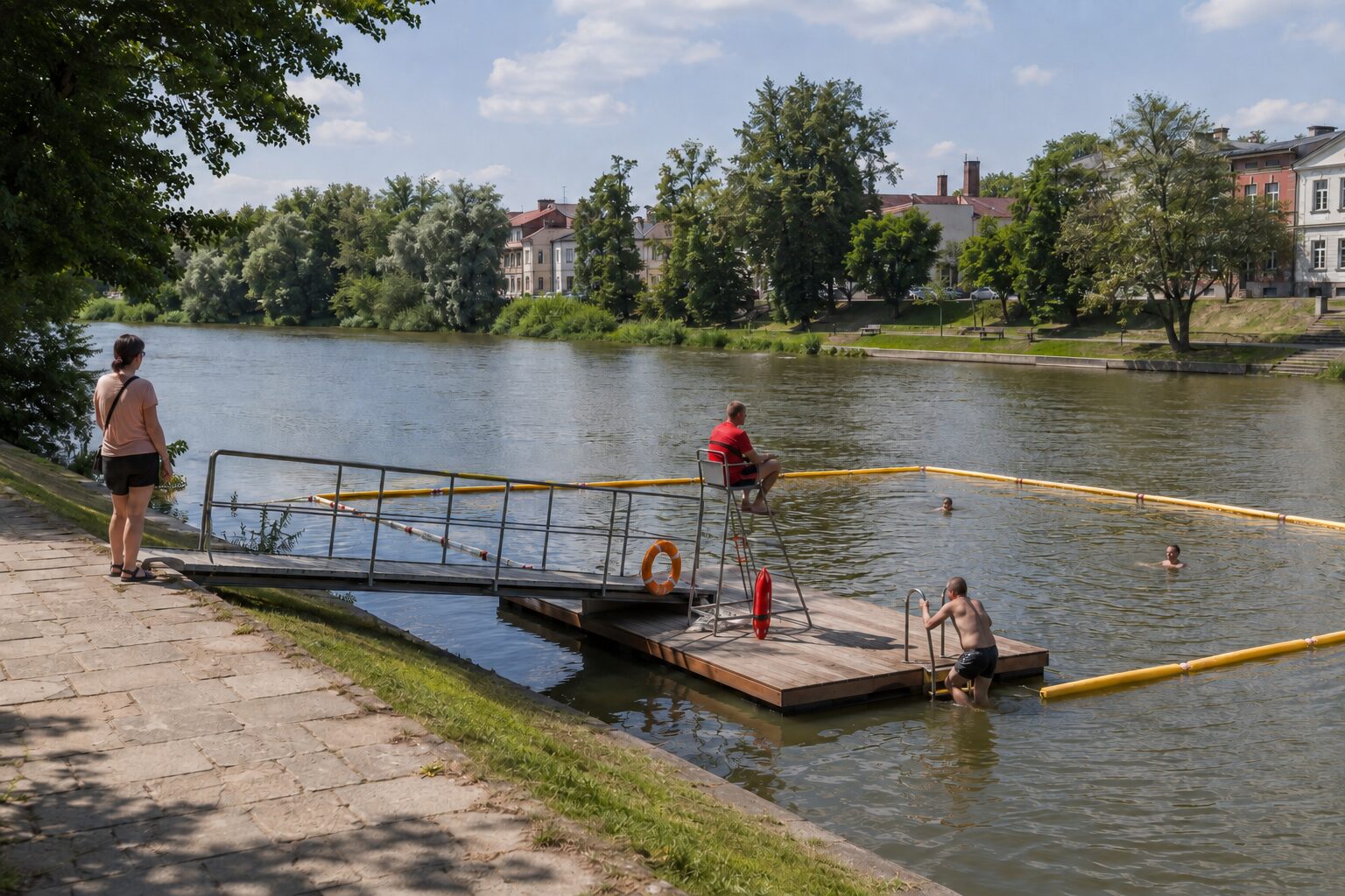 Niewielkie nadzorowane kąpielisko na rzece w polskim mieście, z rampą na pomost, drabinką, ratownikiem i pływakami wewnątrz wydzielonej bojami strefy.