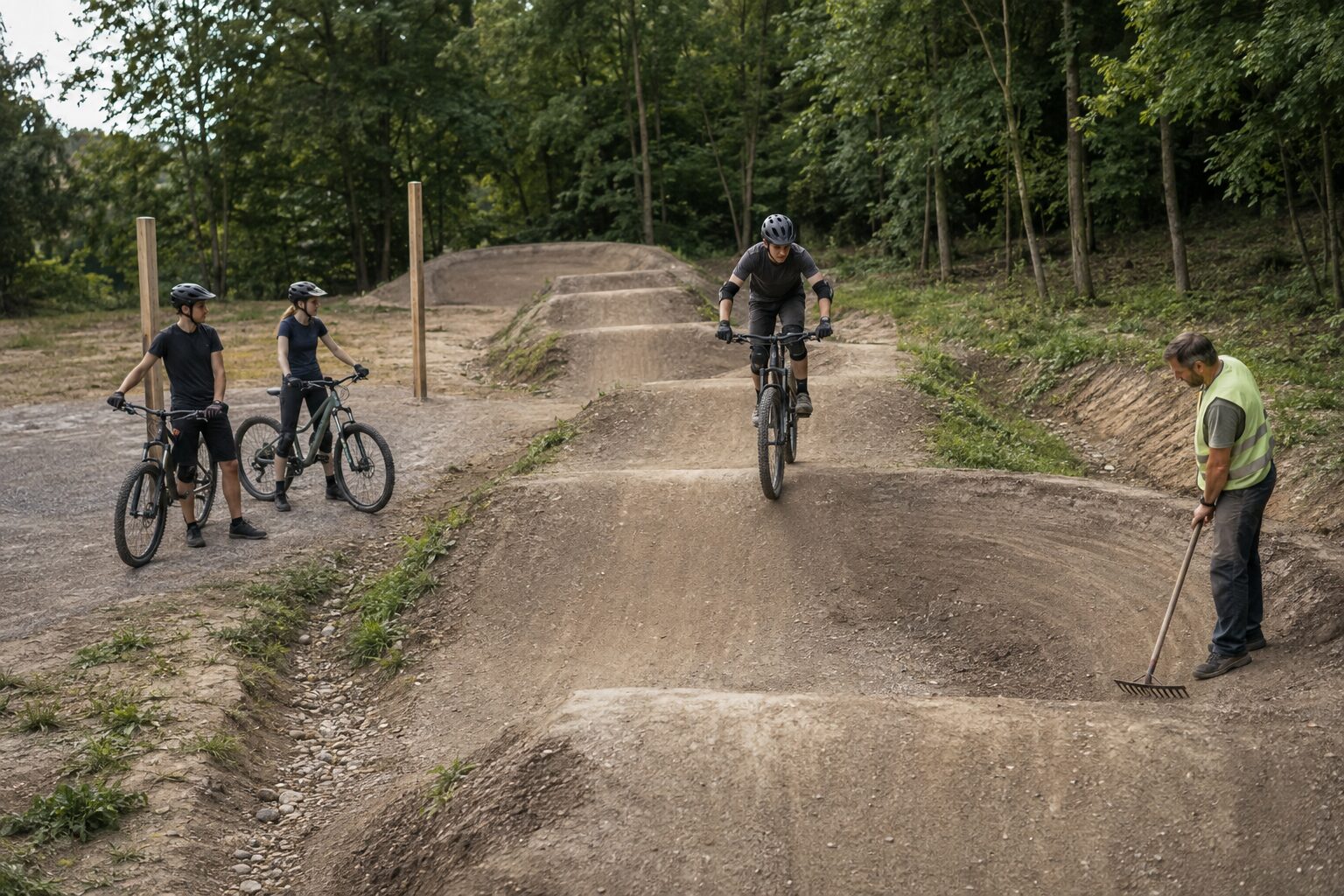 Rowerzysta przejeżdża po niewysokiej ziemnej przeszkodzie w zadbanym społecznym spocie MTB, obok czekają dwie osoby, a opiekun sprawdza bandę.