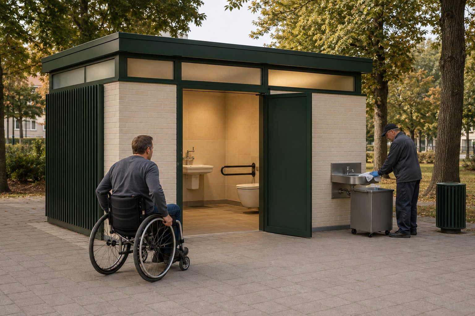 Użytkownik wózka jedzie równym dojściem do szerokiego wejścia w dobrze utrzymanym pawilonie toalety publicznej.