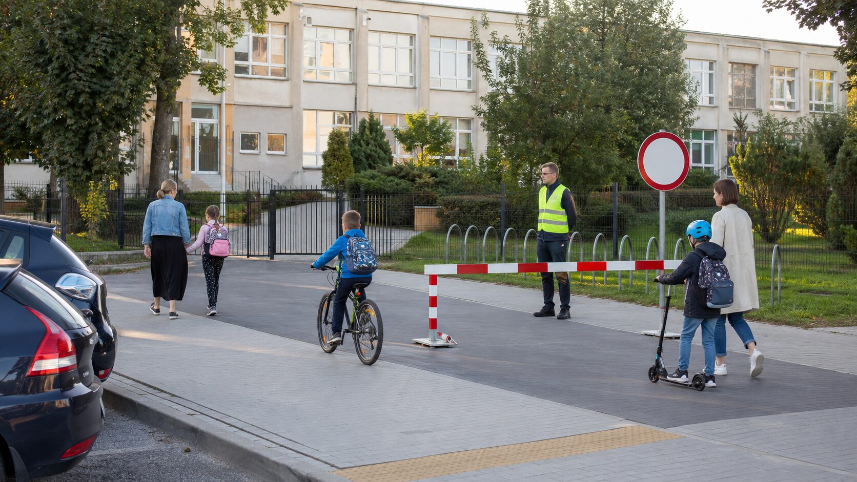 Dzieci idą, jadą rowerem i hulajnogą spokojną ulicą przed polską szkołą, podczas gdy steward pilnuje czasowego zamknięcia wjazdu.