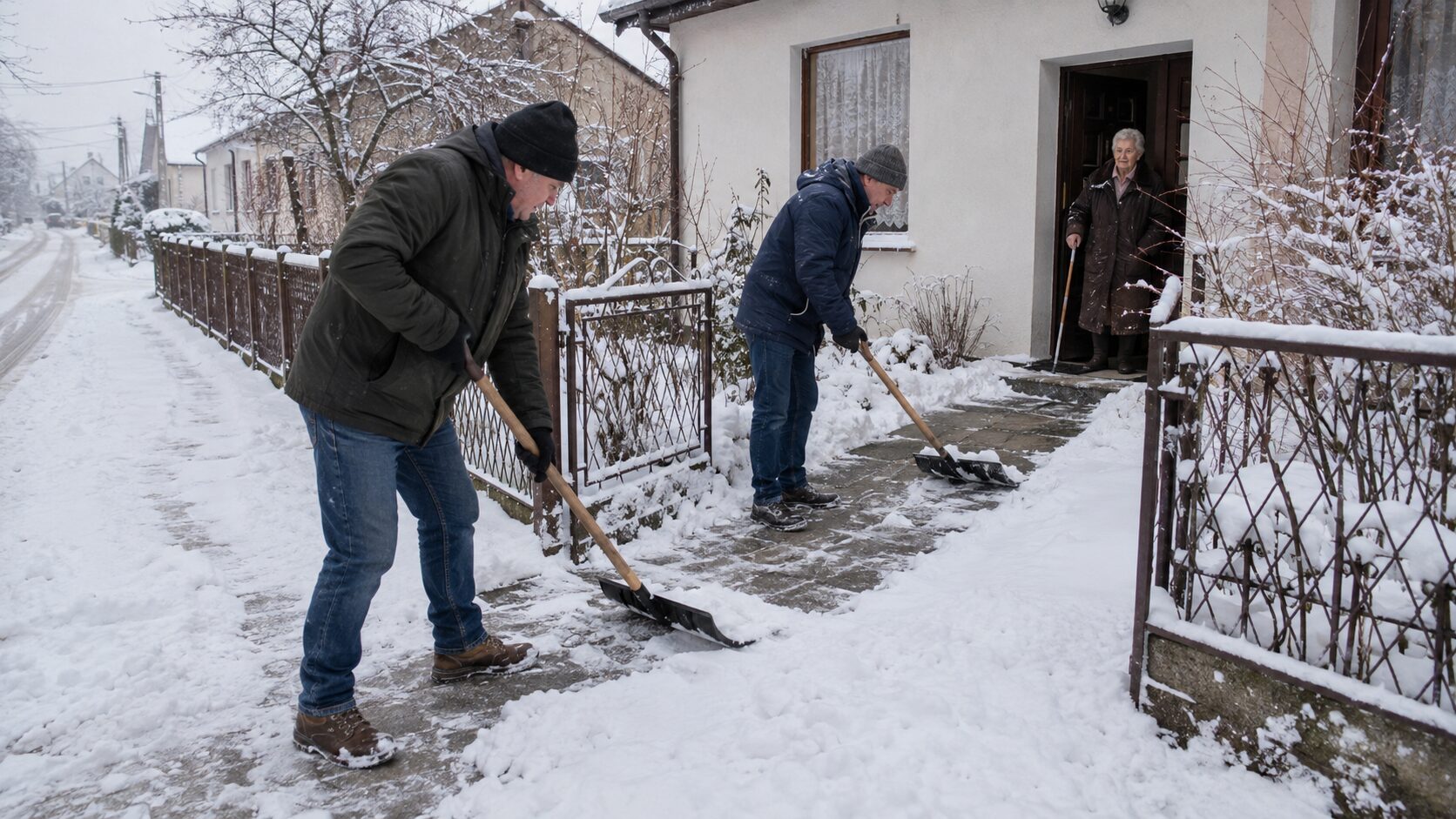 Dwóch sąsiadów odśnieża chodnik i dojście do domu starszej kobiety na zaśnieżonej ulicy małego polskiego miasta.